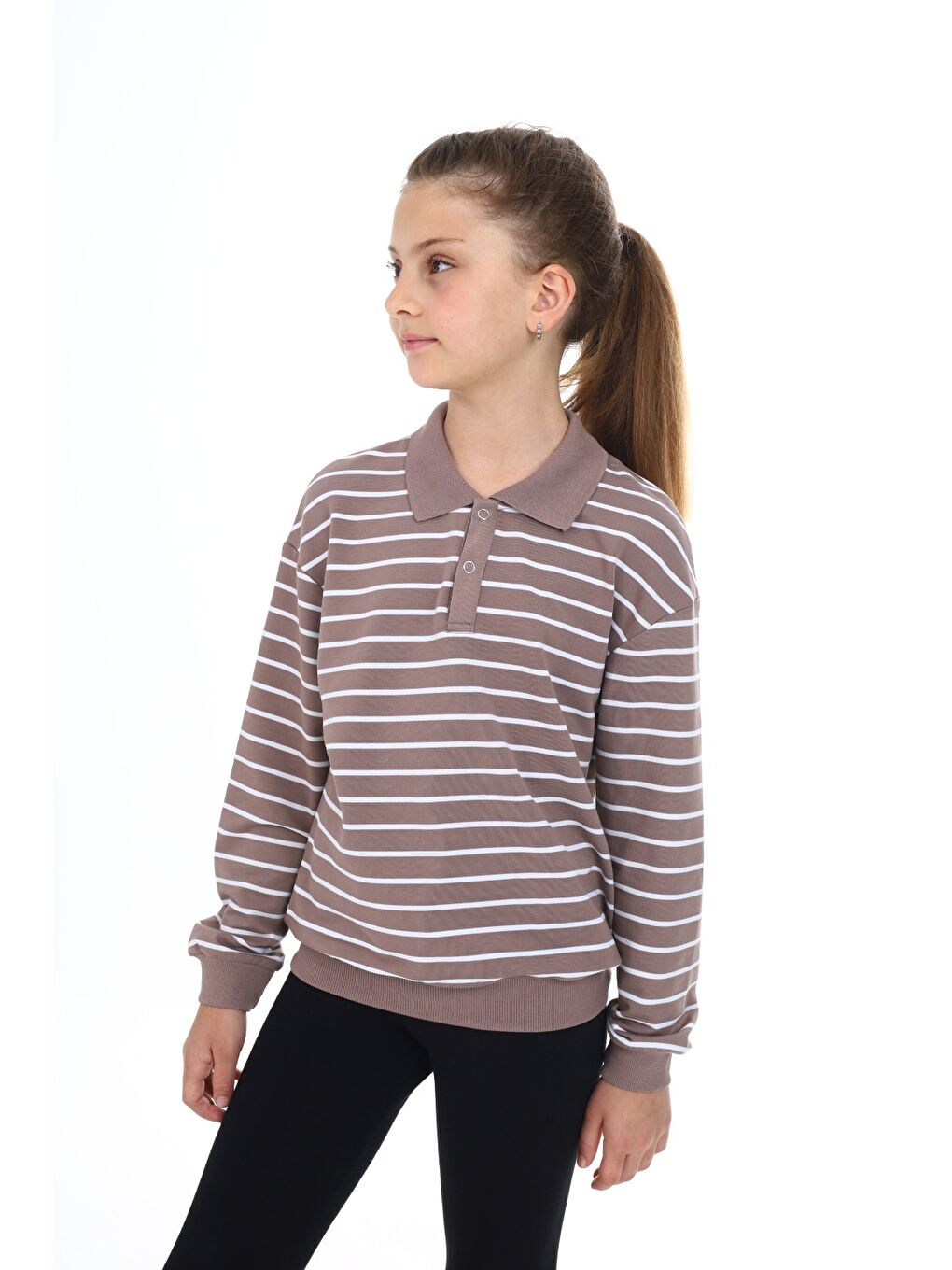 Kahverengi Kız Çocuk Çizgili Sweatshirt-2