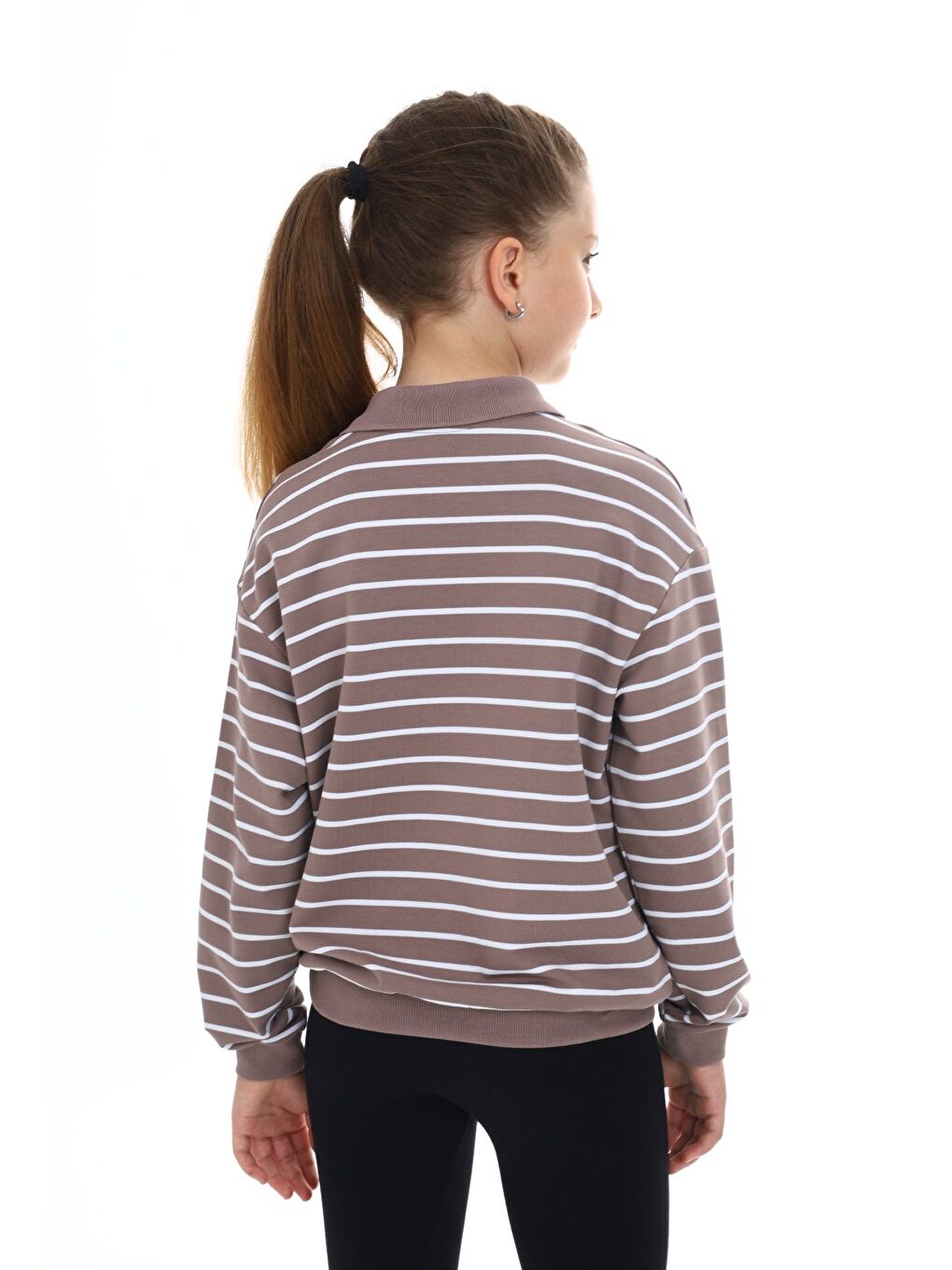 Kahverengi Kız Çocuk Çizgili Sweatshirt-3