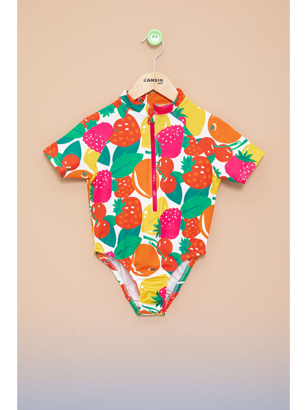 Pembe Meyve Desenli Fermuar Kapamalı Kısa Kol Kız Çocuk Mayo 21133