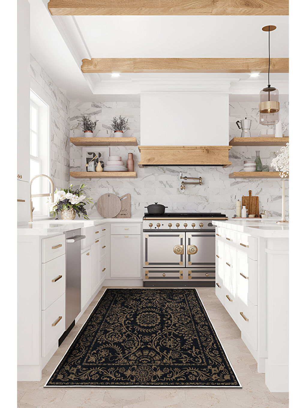 Siyah Dekoratif Özel Tasarım Yıkanabilir İnce Kaymaz Tabanlı Modern Halı KECE FR11-4