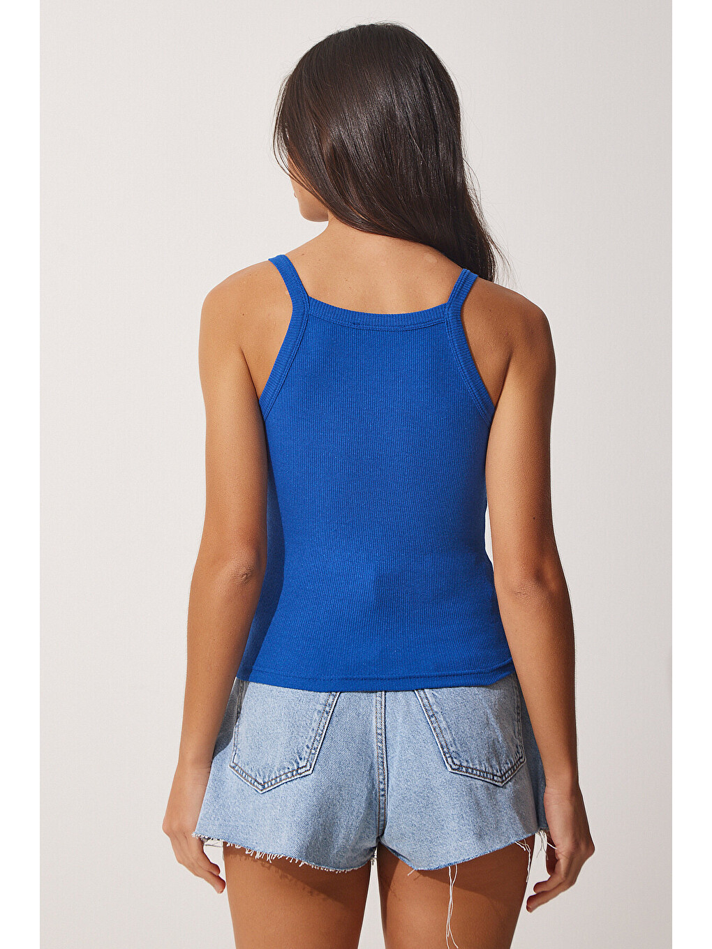 Mavi 2'li Fitilli Crop Halter Yaka Örme Atlet MAVİ PEMBE LHJ0005-3