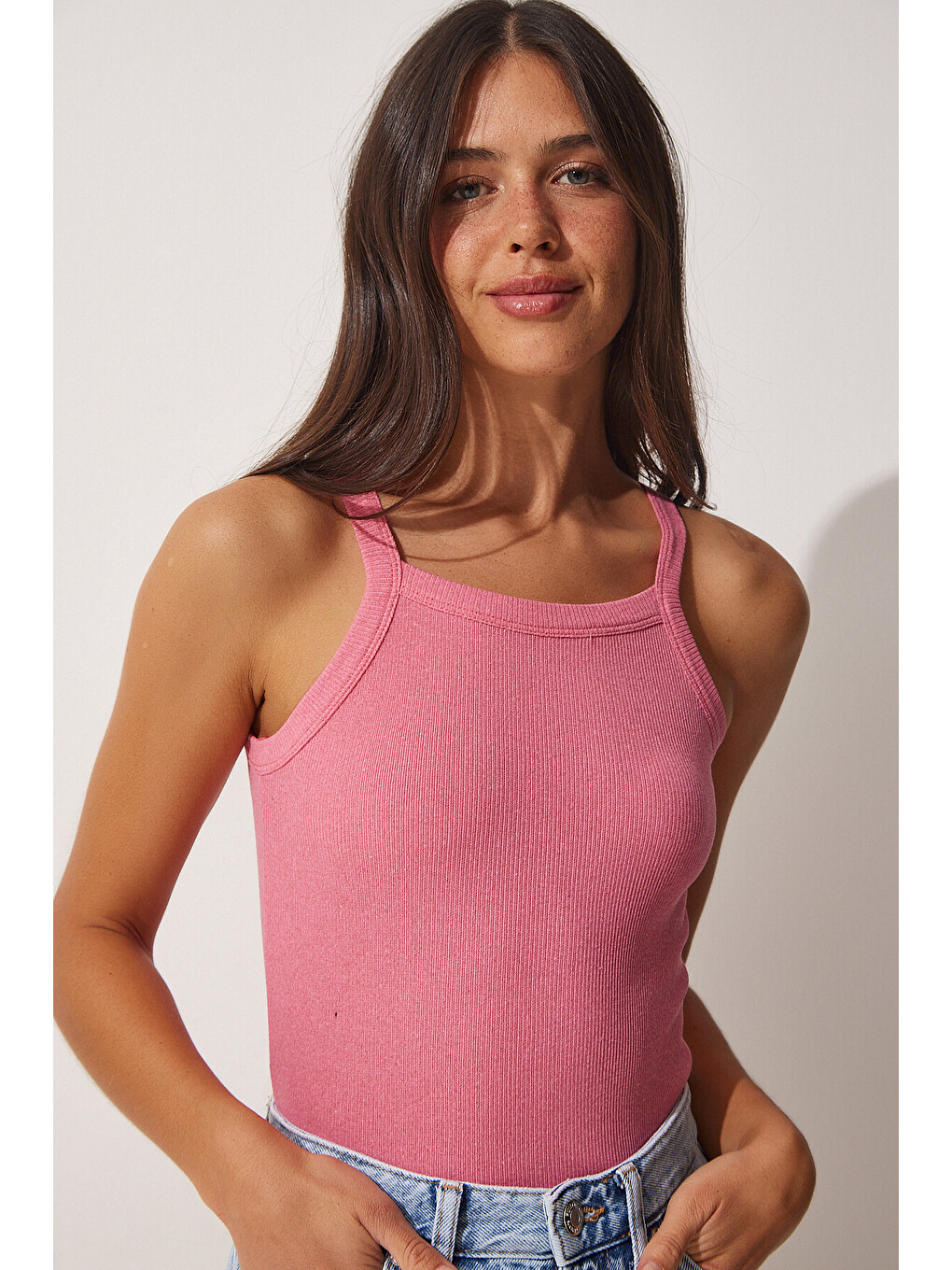 Mavi 2'li Fitilli Crop Halter Yaka Örme Atlet MAVİ PEMBE LHJ0005-4