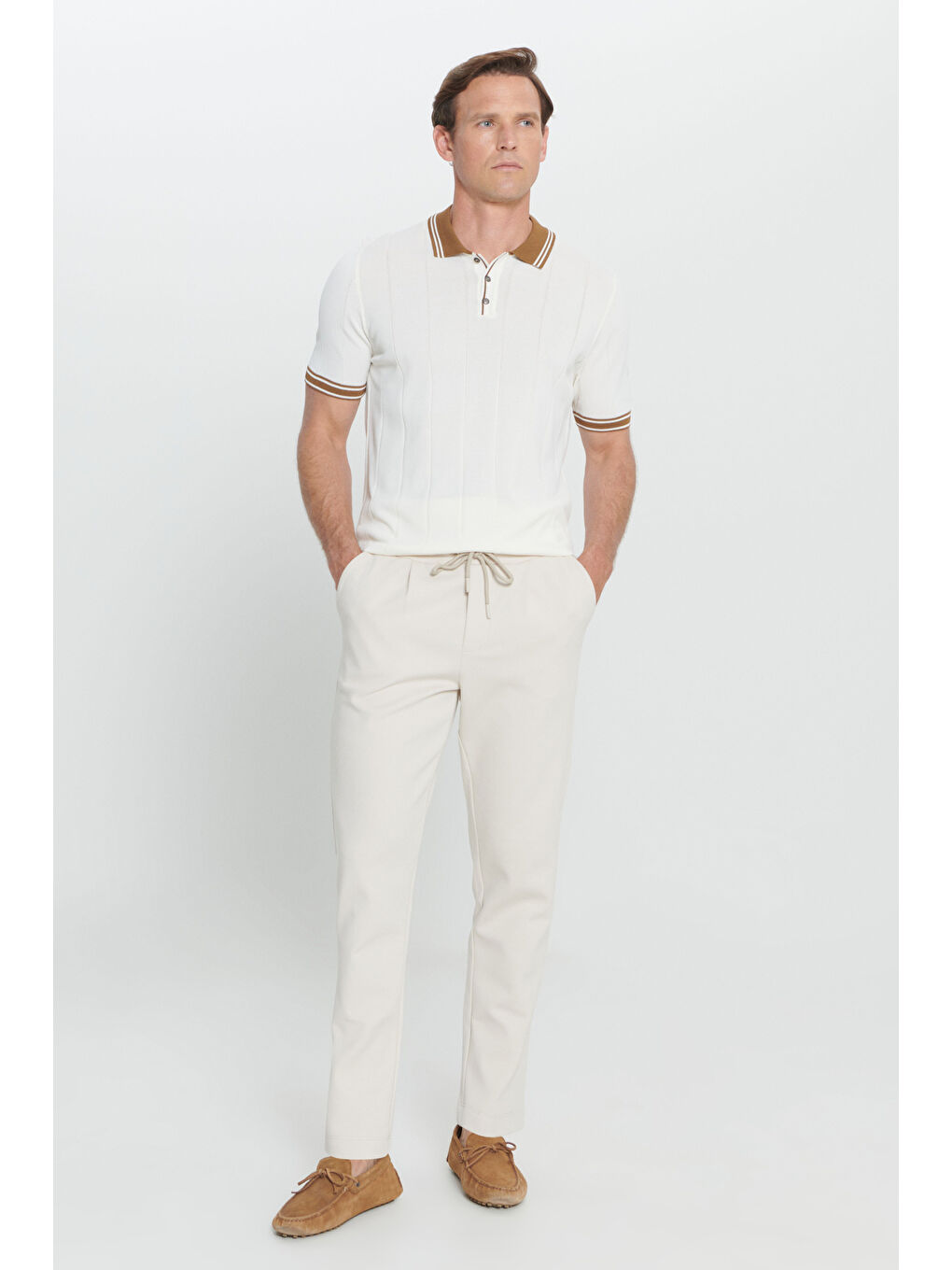 Erkek Bej Pamuklu Dar Kesim Yan Cepli Normal Bel Esnek Örme Pantolon-2