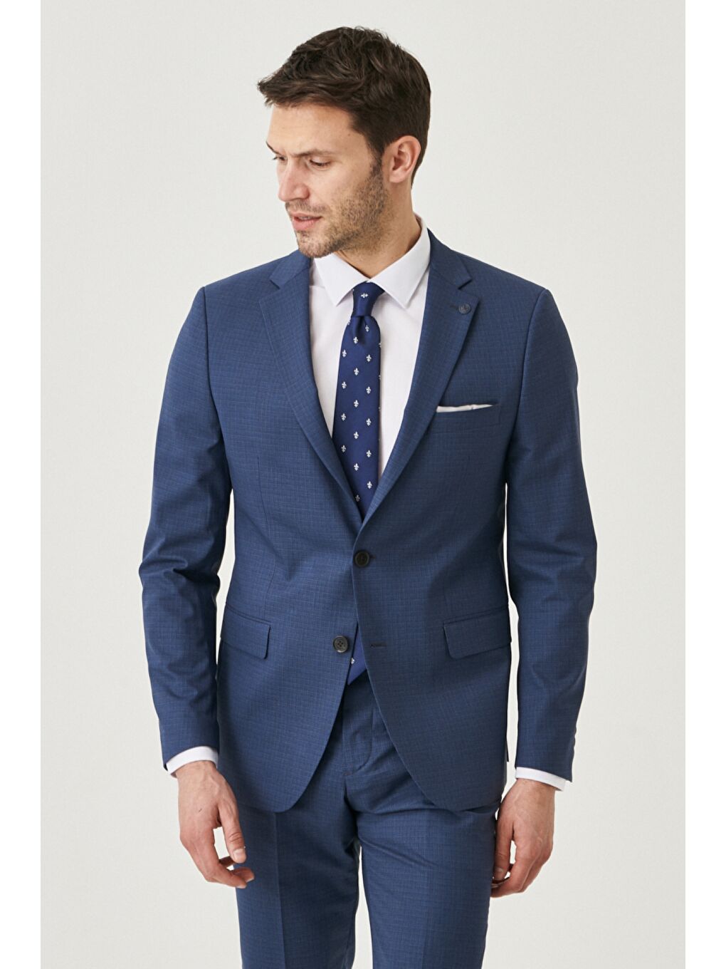 Erkek Lacivert-Kahverengi Ekstra Slim Fit Dar Kesim Mono Yaka Kareli Yünlü Takım Elbise