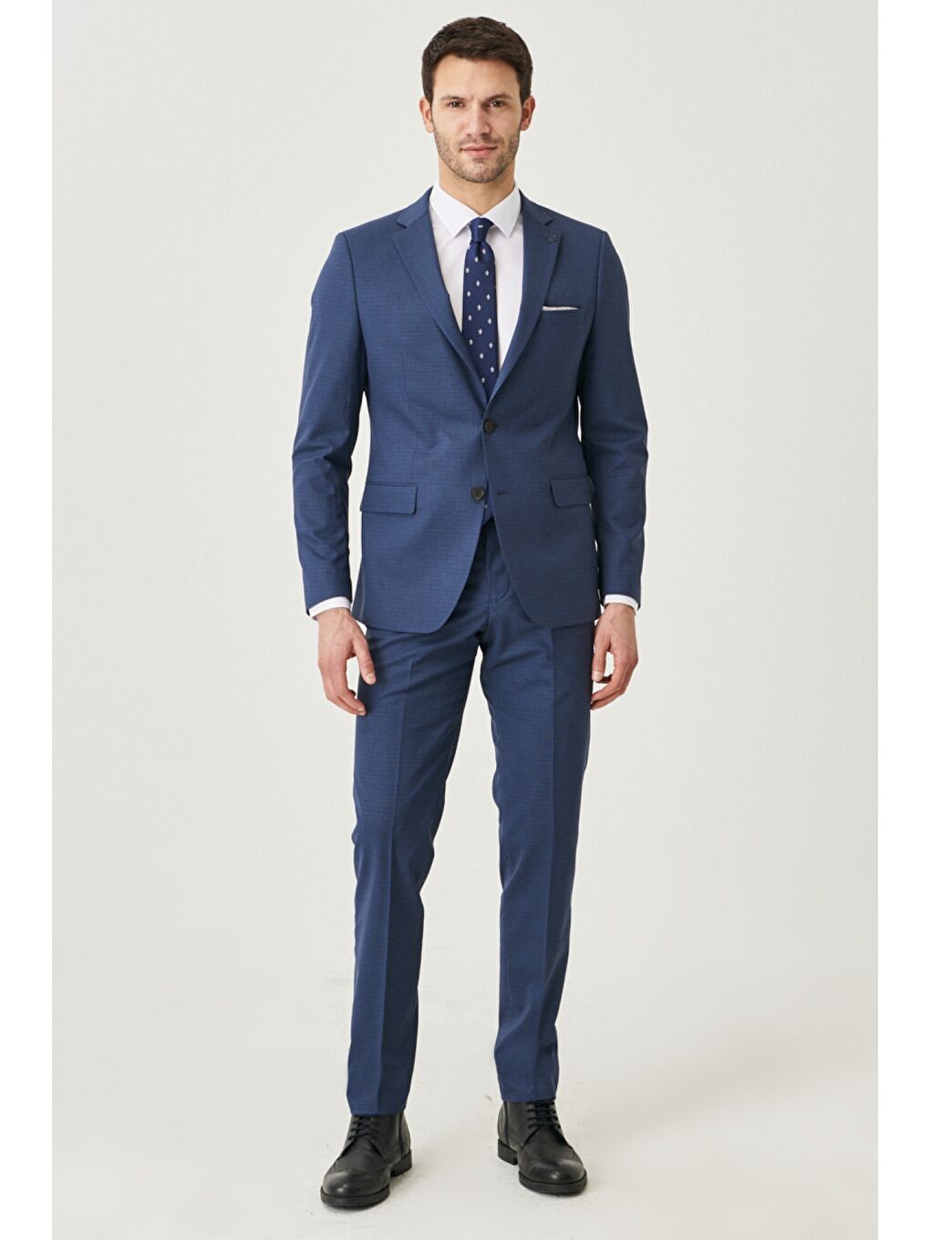 Erkek Lacivert-Kahverengi Ekstra Slim Fit Dar Kesim Mono Yaka Kareli Yünlü Takım Elbise-1