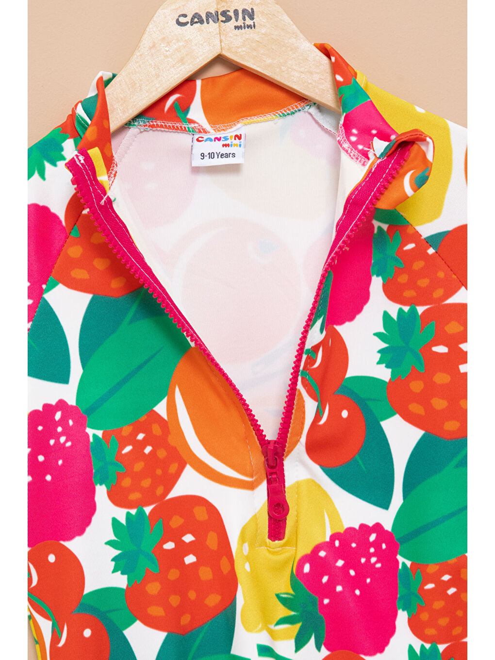 Pembe Meyve Desenli Fermuar Kapamalı Kısa Kol Kız Çocuk Mayo 21133-3