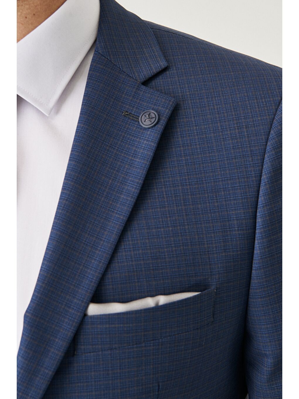 Erkek Lacivert-Kahverengi Ekstra Slim Fit Dar Kesim Mono Yaka Kareli Yünlü Takım Elbise-2