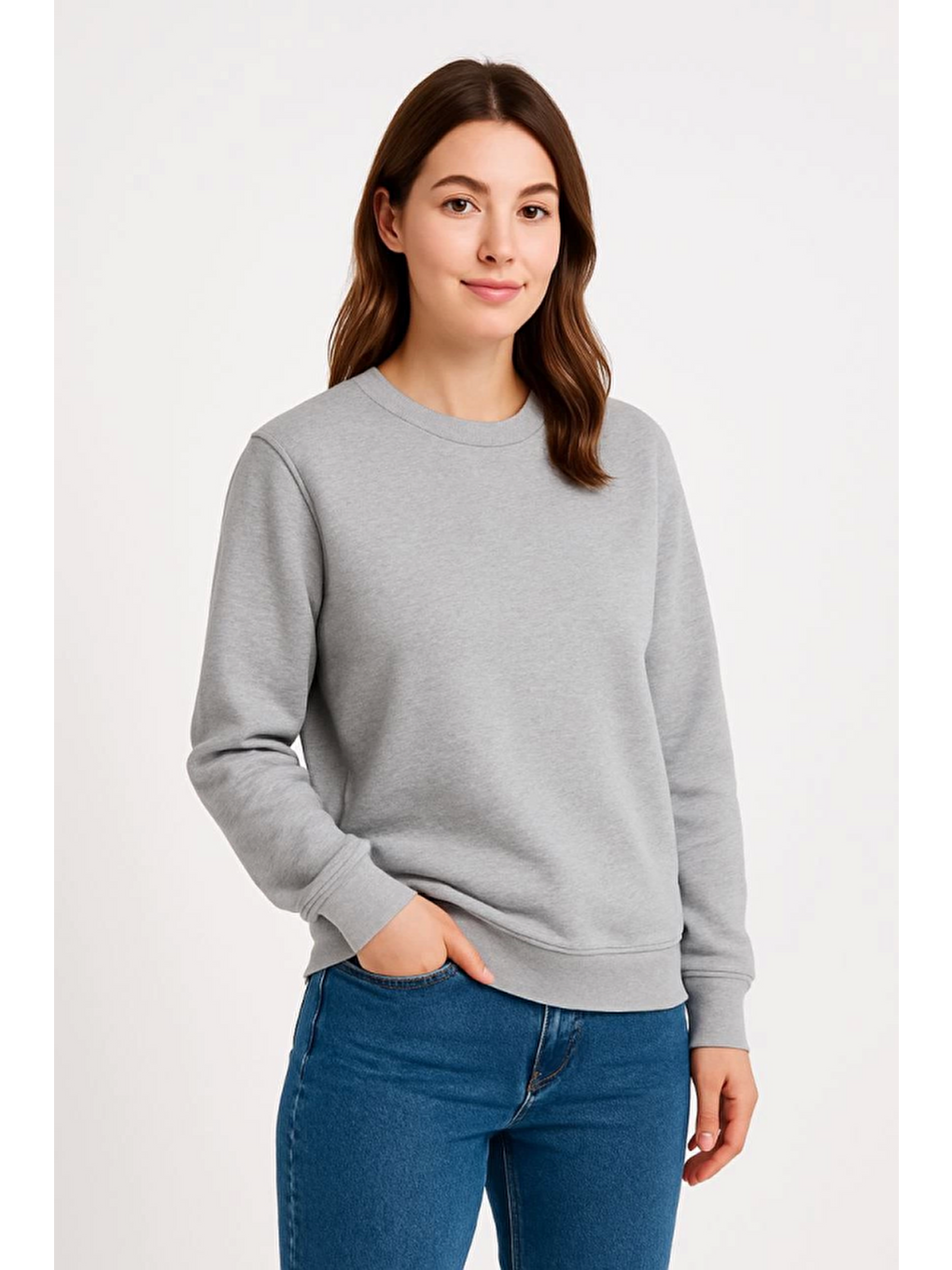 Üç İplik Düz Bisiklet Yaka Sweatshirt - Gri-1