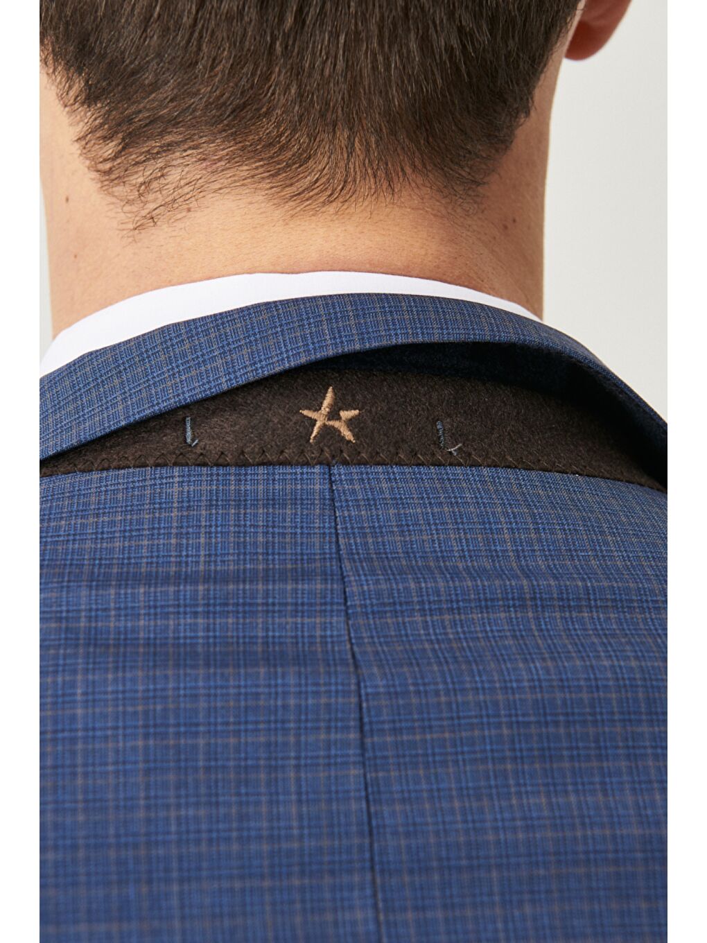 Erkek Lacivert-Kahverengi Ekstra Slim Fit Dar Kesim Mono Yaka Kareli Yünlü Takım Elbise-3