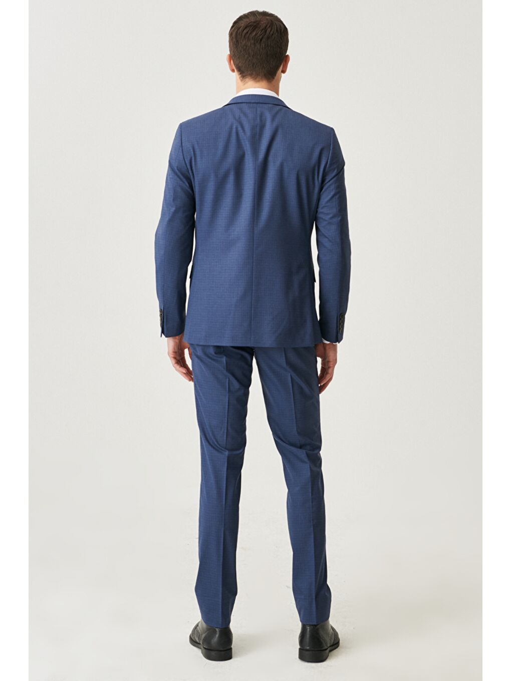 Erkek Lacivert-Kahverengi Ekstra Slim Fit Dar Kesim Mono Yaka Kareli Yünlü Takım Elbise-4