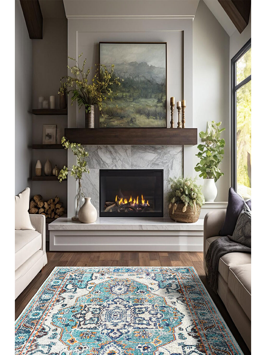 Mavi Dekoratif Özel Tasarım Yıkanabilir İnce Kaymaz Tabanlı Modern Halı KECE FR09-2