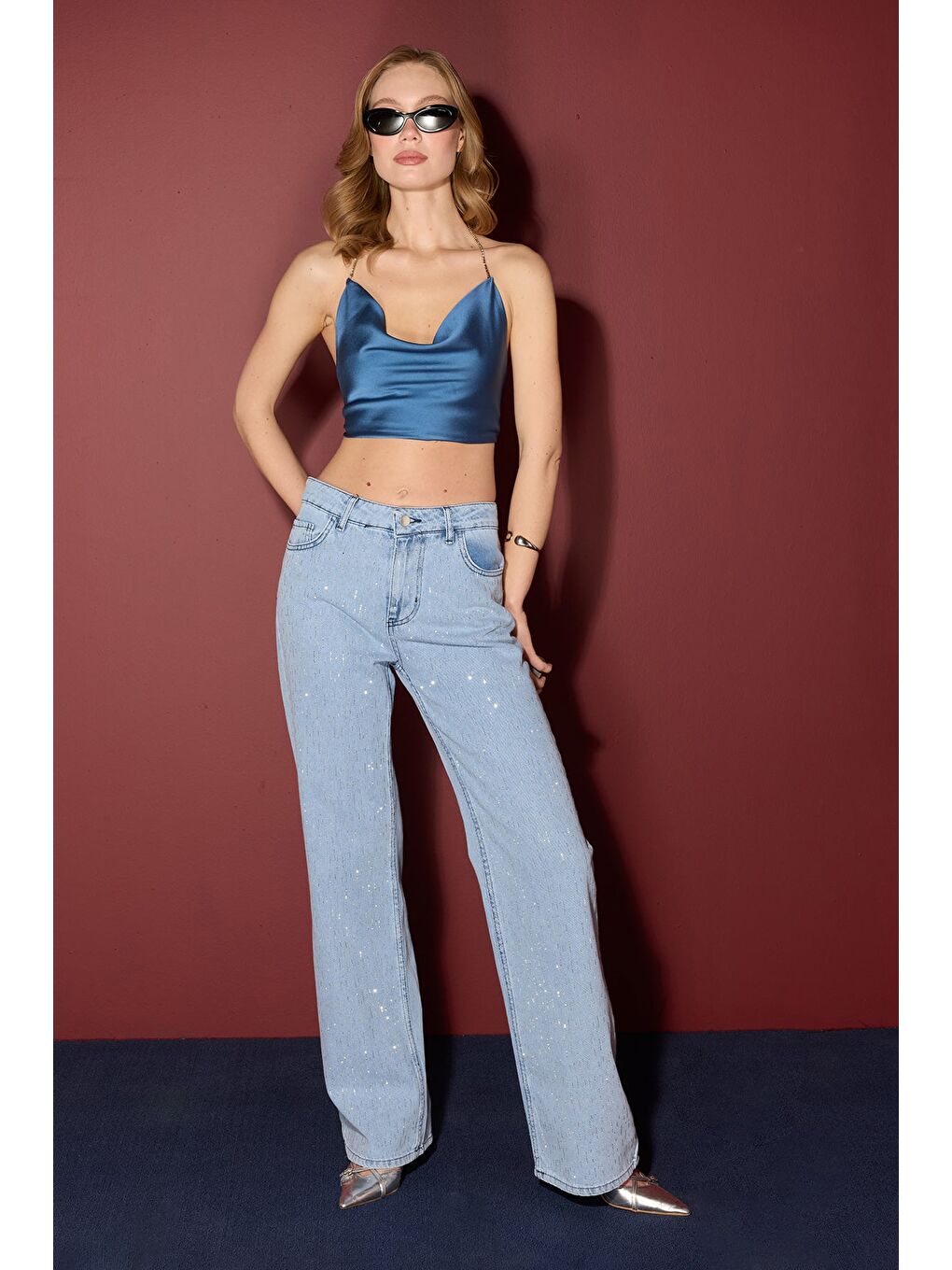 Mavi Taş Detaylı Yüksek Bel Jean-1