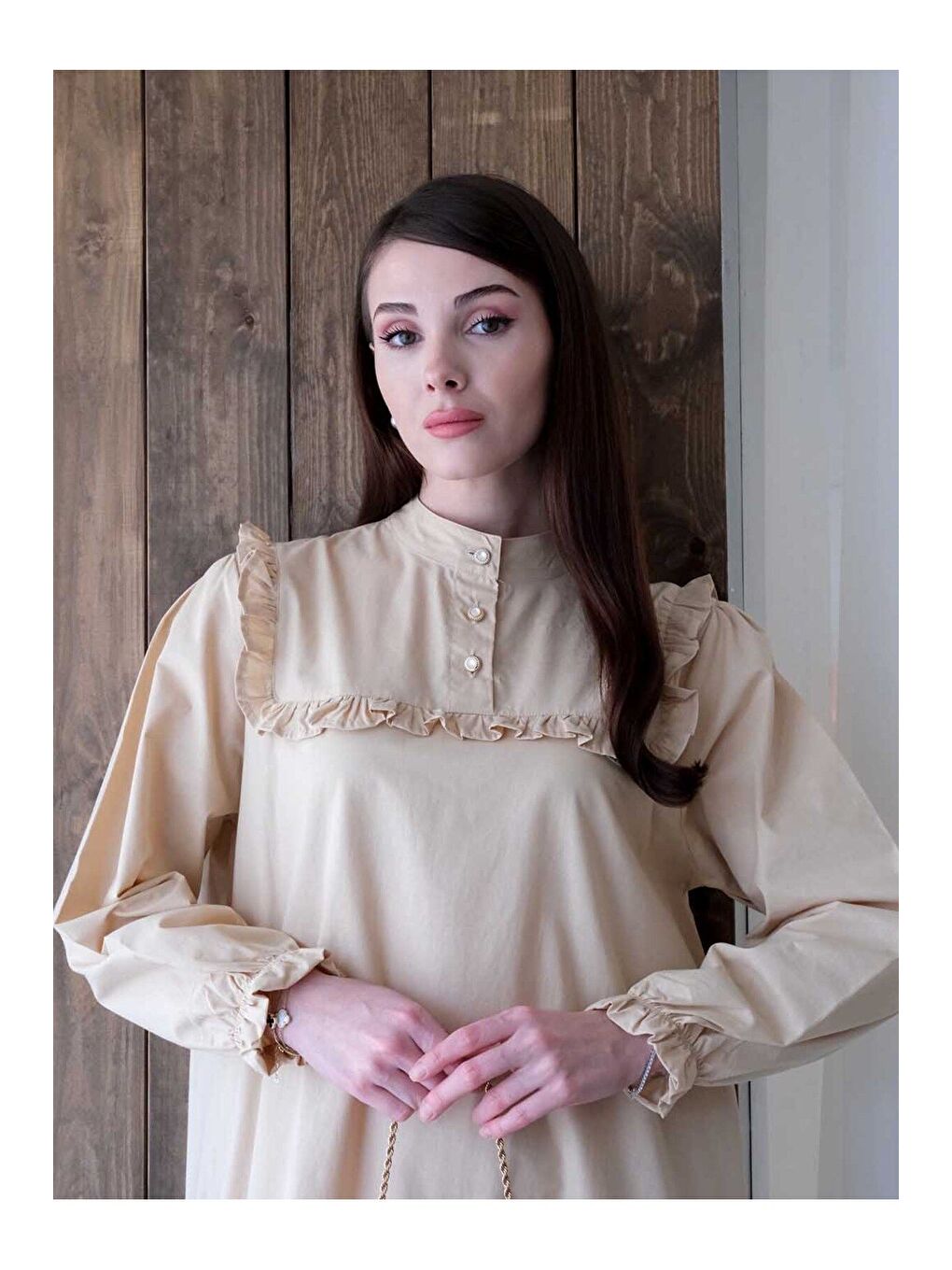 Ekru Krem Yakası Fırfır Detay Elbise-6