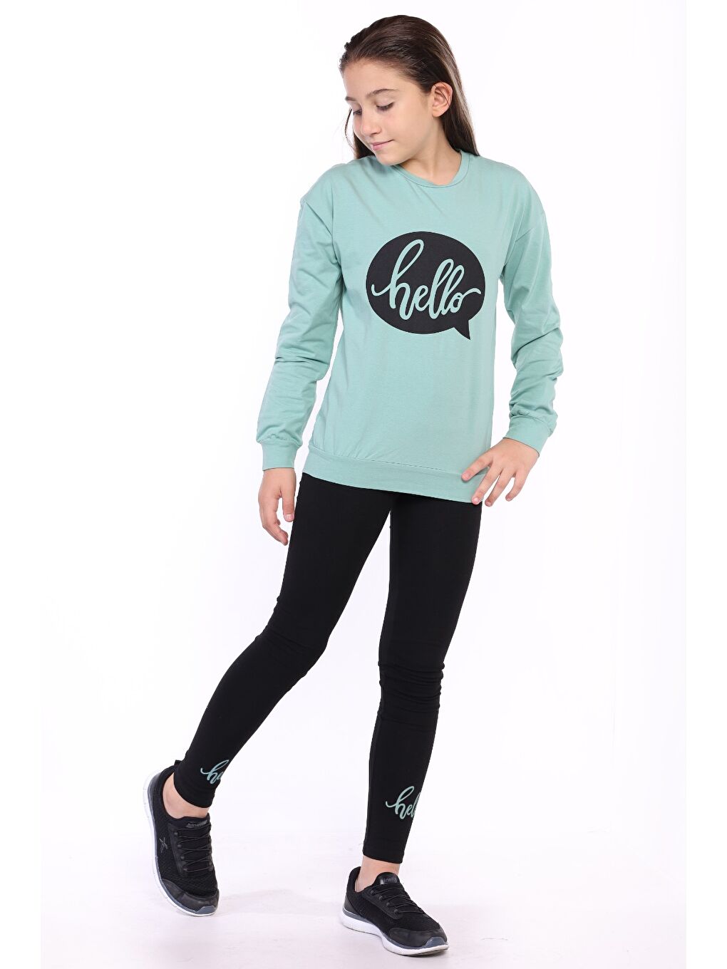 Yeşil Kız Çocuk Hello Yazı Baskılı Taytlı Takım-1