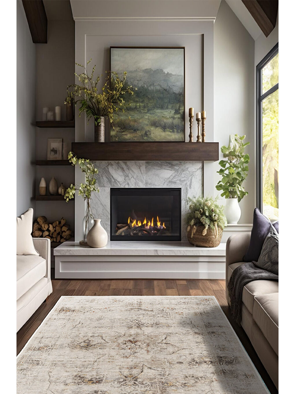 Bej Dekoratif Özel Tasarım Yıkanabilir İnce Kaymaz Tabanlı Modern Halı KECE FR08-2