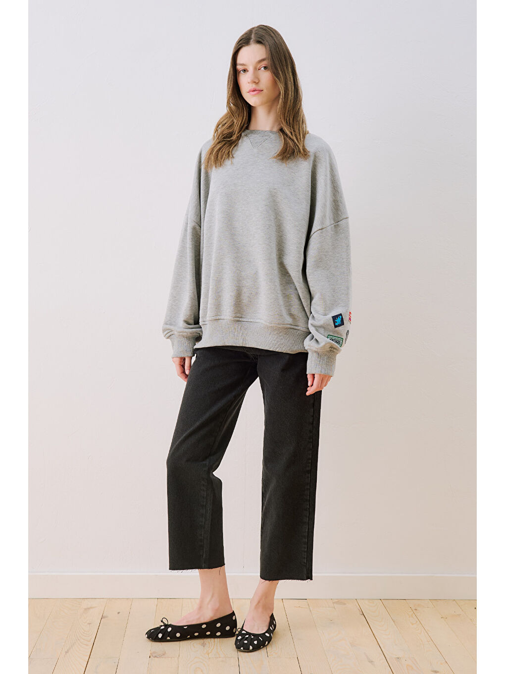 Oversıze Etiketli Sweatshırt Gri Melanj-2