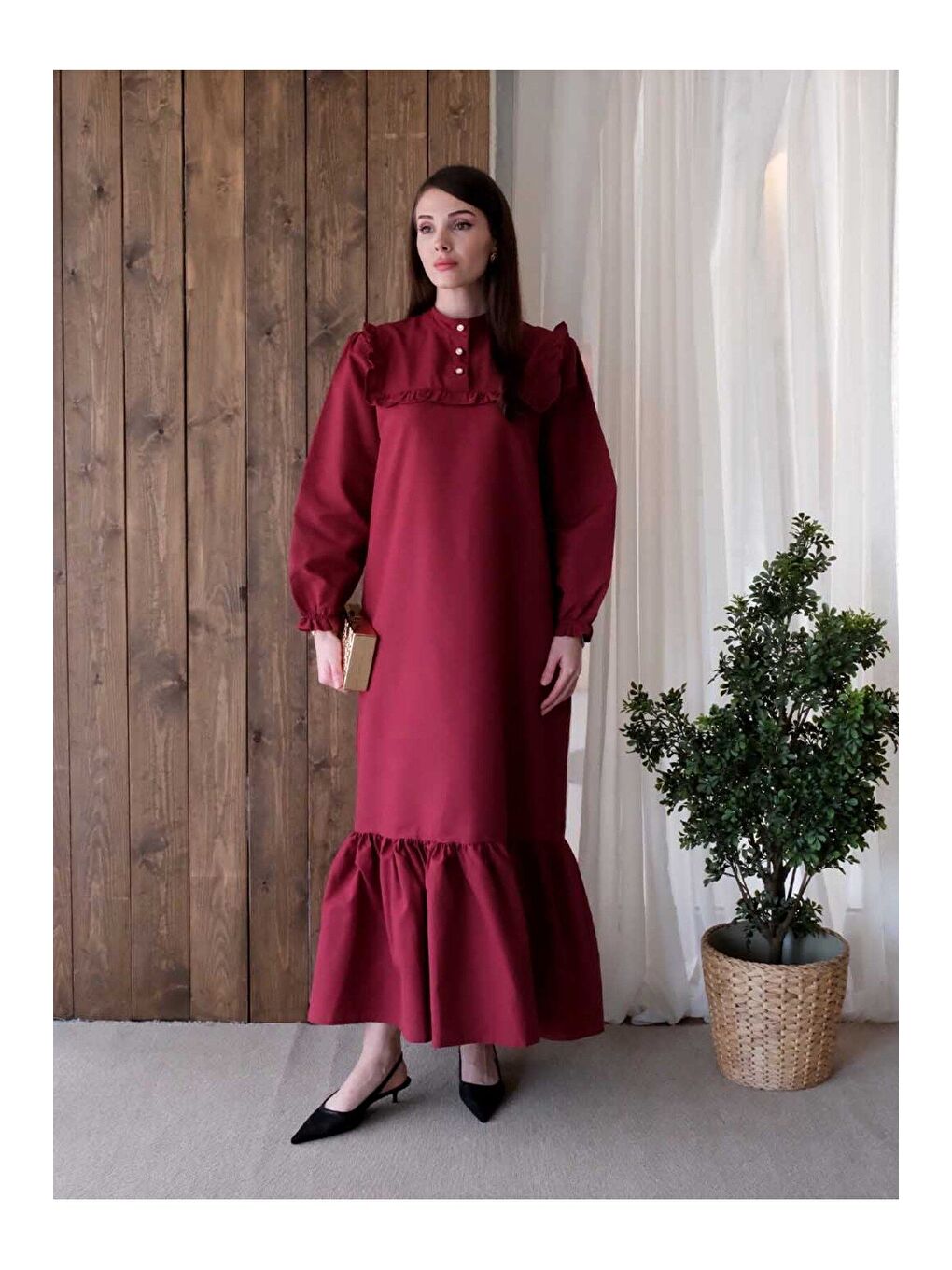Ceylan Otantik Bordo Yakası Fırfır Detay Elbise