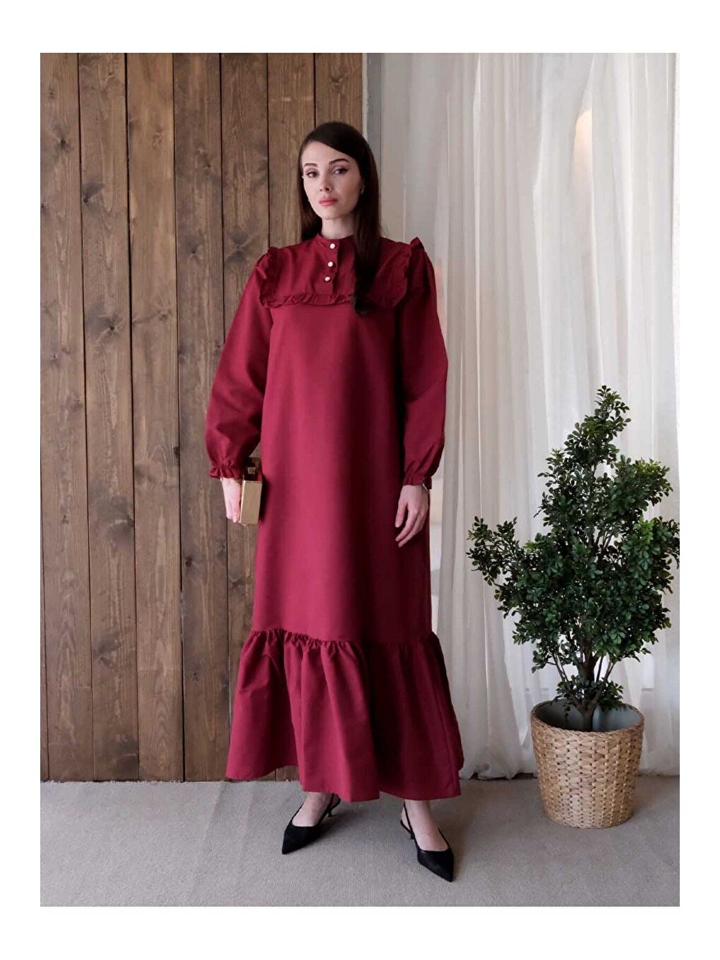 Ceylan Otantik Bordo Yakası Fırfır Detay Elbise - 2