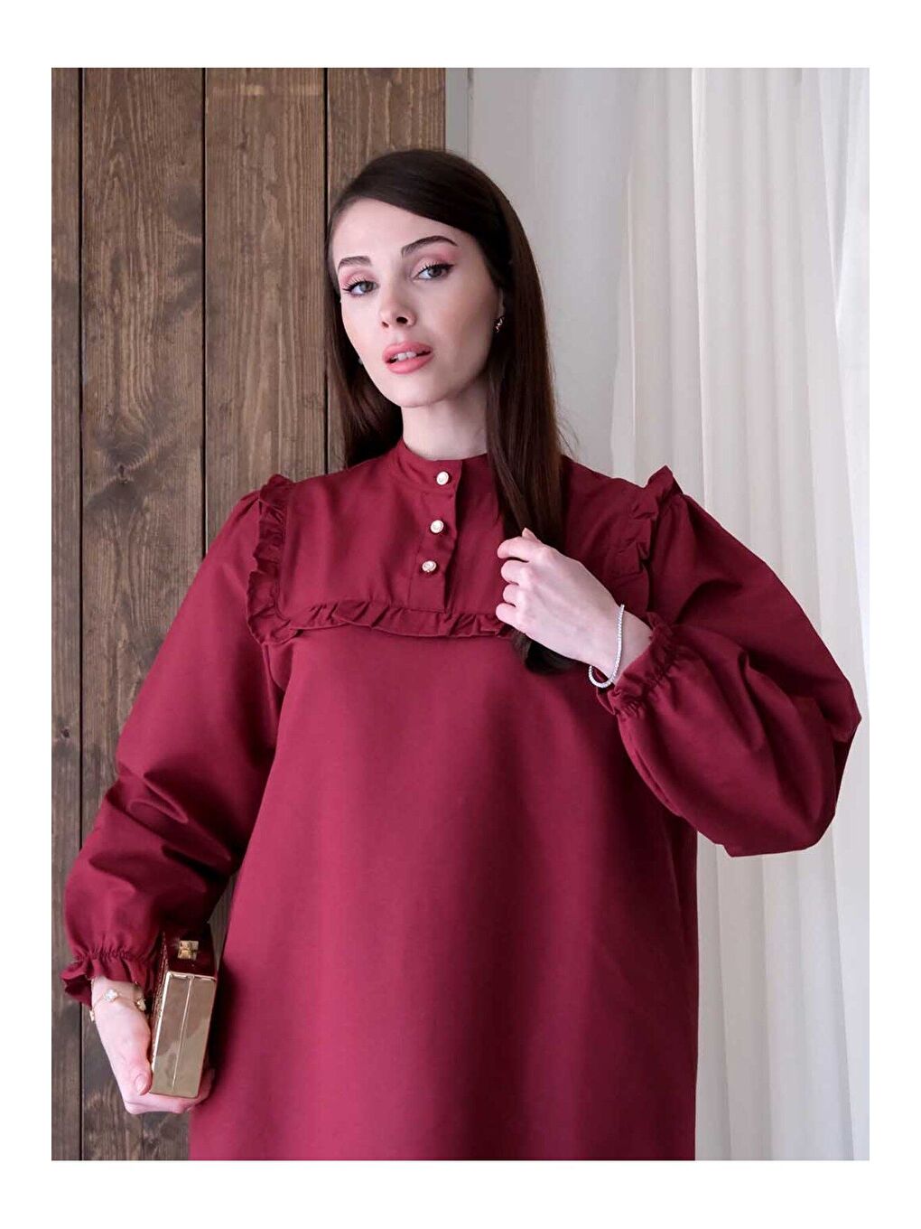 Ceylan Otantik Bordo Yakası Fırfır Detay Elbise - 3
