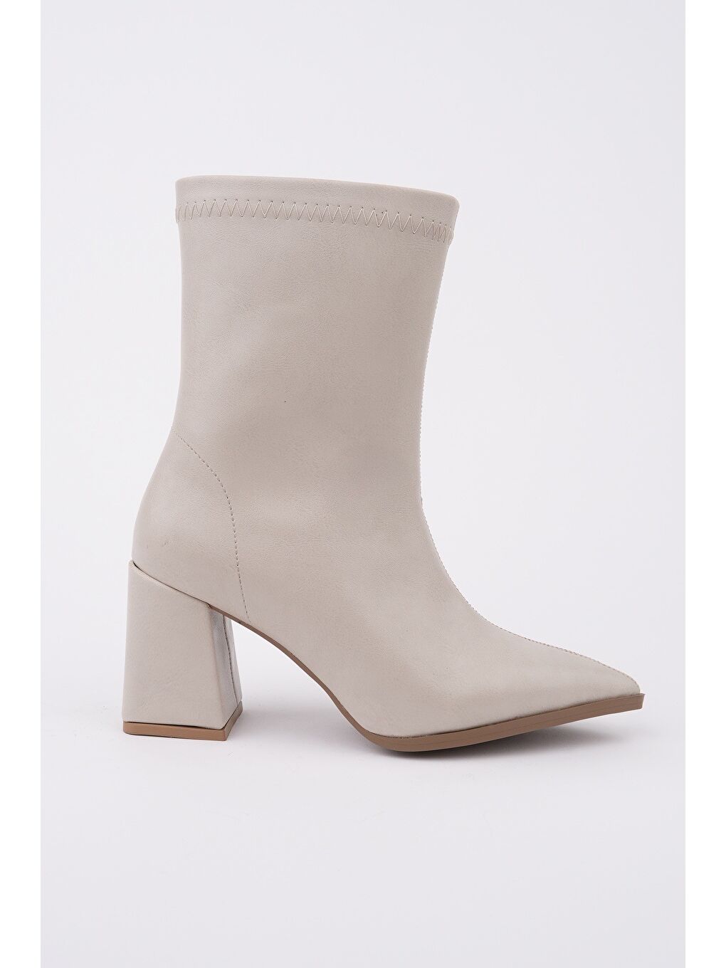 Bej CODİ Sivri Burun Kalın Topuklu Fermuarlı Kadın Bot-2