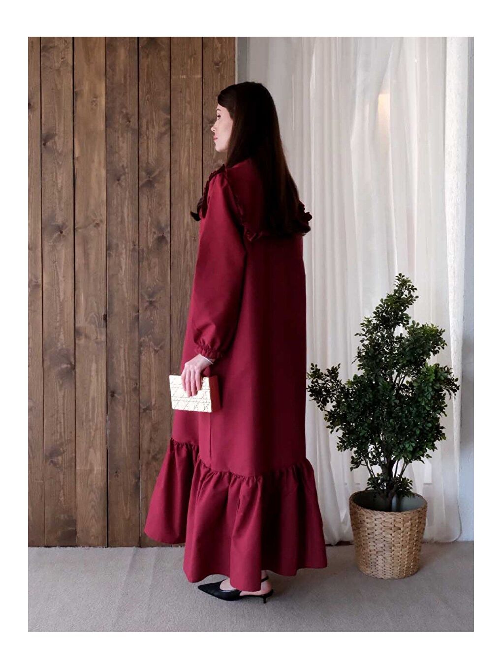 Ceylan Otantik Bordo Yakası Fırfır Detay Elbise - 5