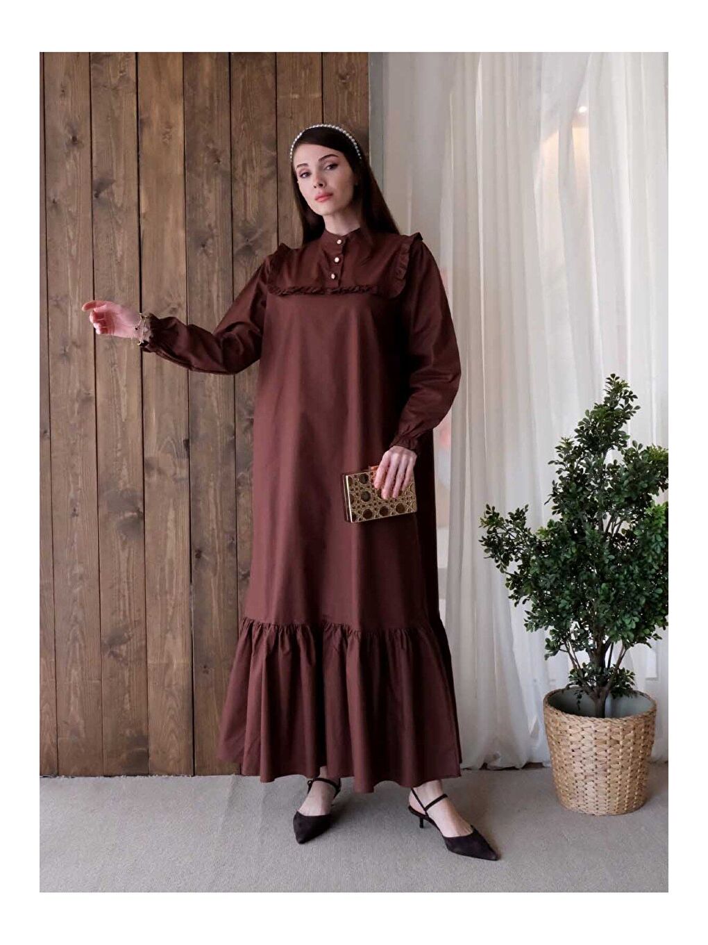 Kahverengi Acı Kahve Yakası Fırfır Detay Elbise-1