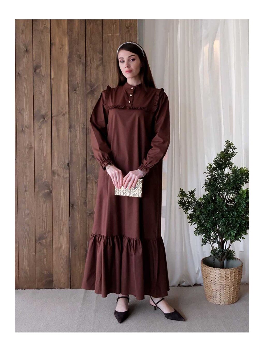 Kahverengi Acı Kahve Yakası Fırfır Detay Elbise-3