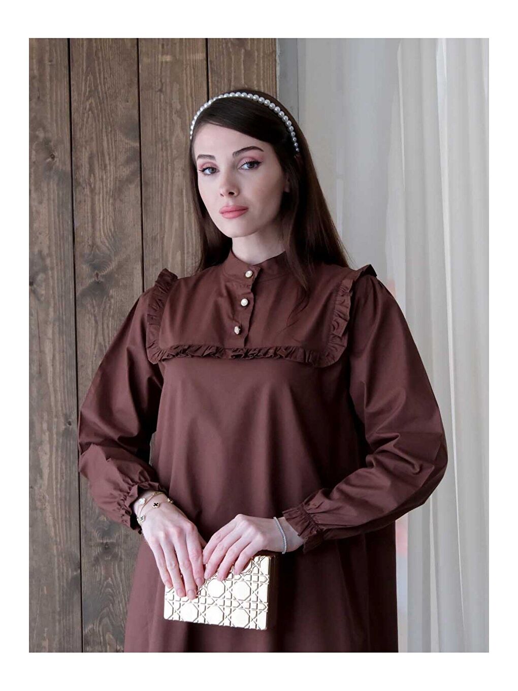 Kahverengi Acı Kahve Yakası Fırfır Detay Elbise-4