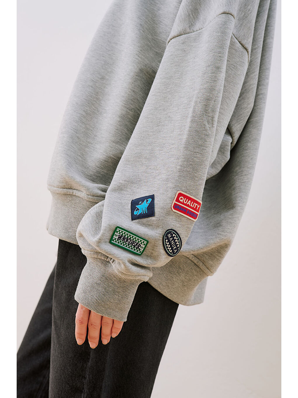 Oversıze Etiketli Sweatshırt Gri Melanj-3