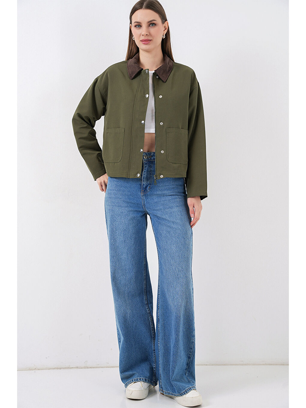 Kadın Cep Detaylı Kısa Ceket 5975 - Haki-1