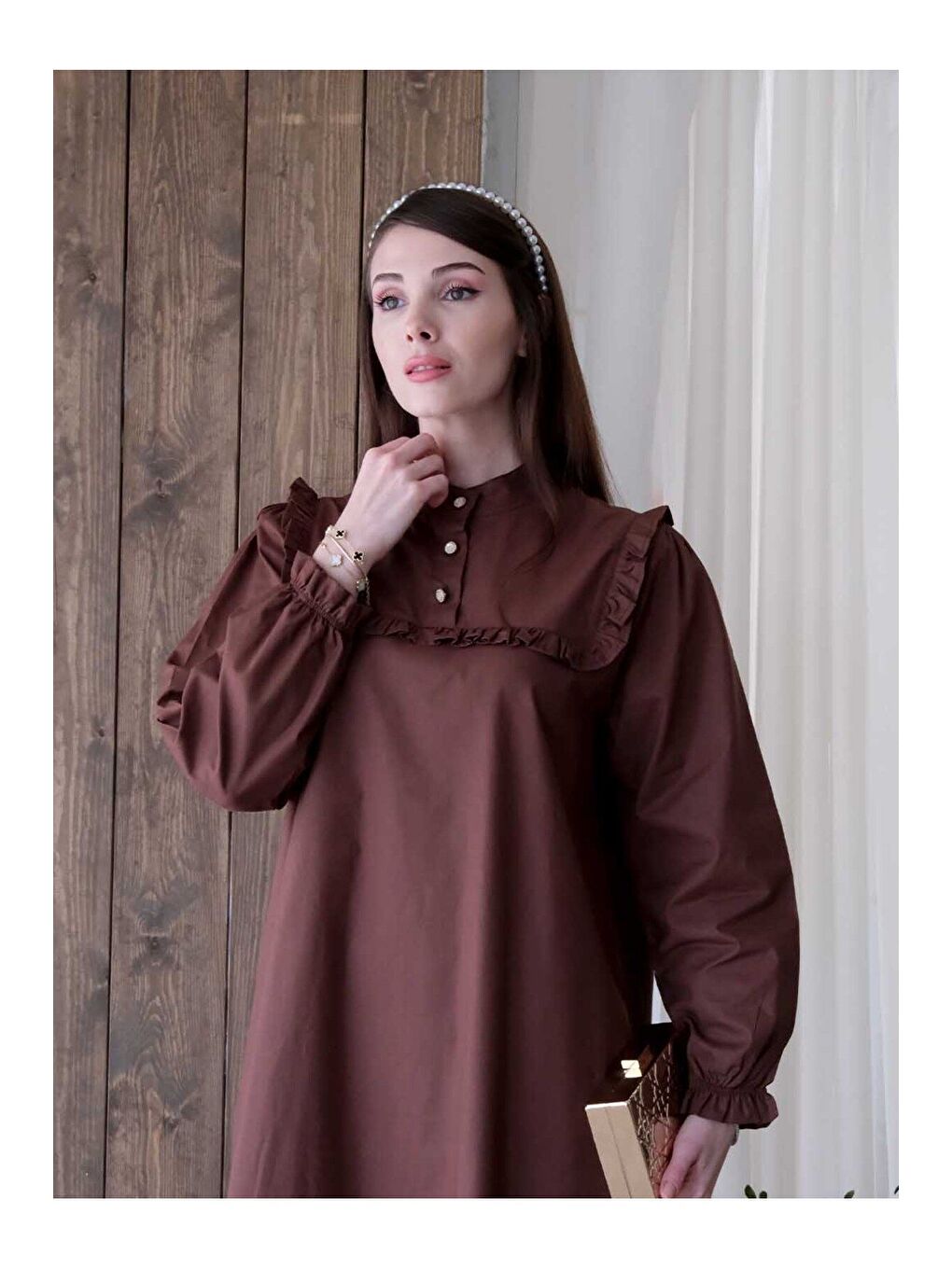 Kahverengi Acı Kahve Yakası Fırfır Detay Elbise-5