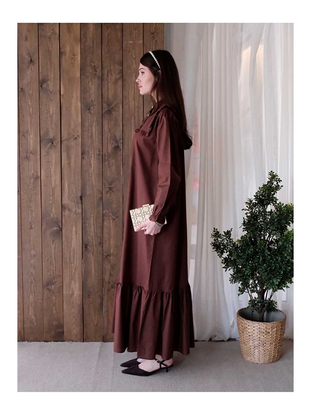 Kahverengi Acı Kahve Yakası Fırfır Detay Elbise-6