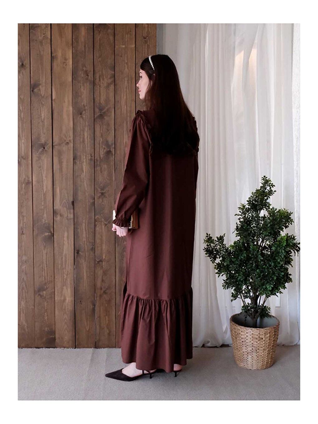 Kahverengi Acı Kahve Yakası Fırfır Detay Elbise-7