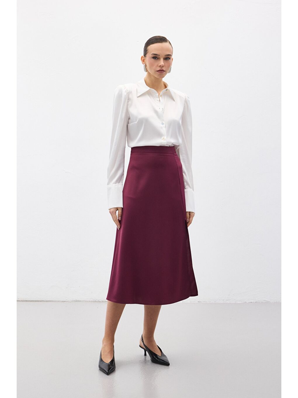 Yırtmaçlı Saten Etek - Mürdüm-3