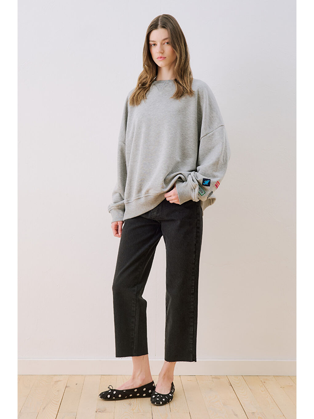 Oversıze Etiketli Sweatshırt Gri Melanj-4