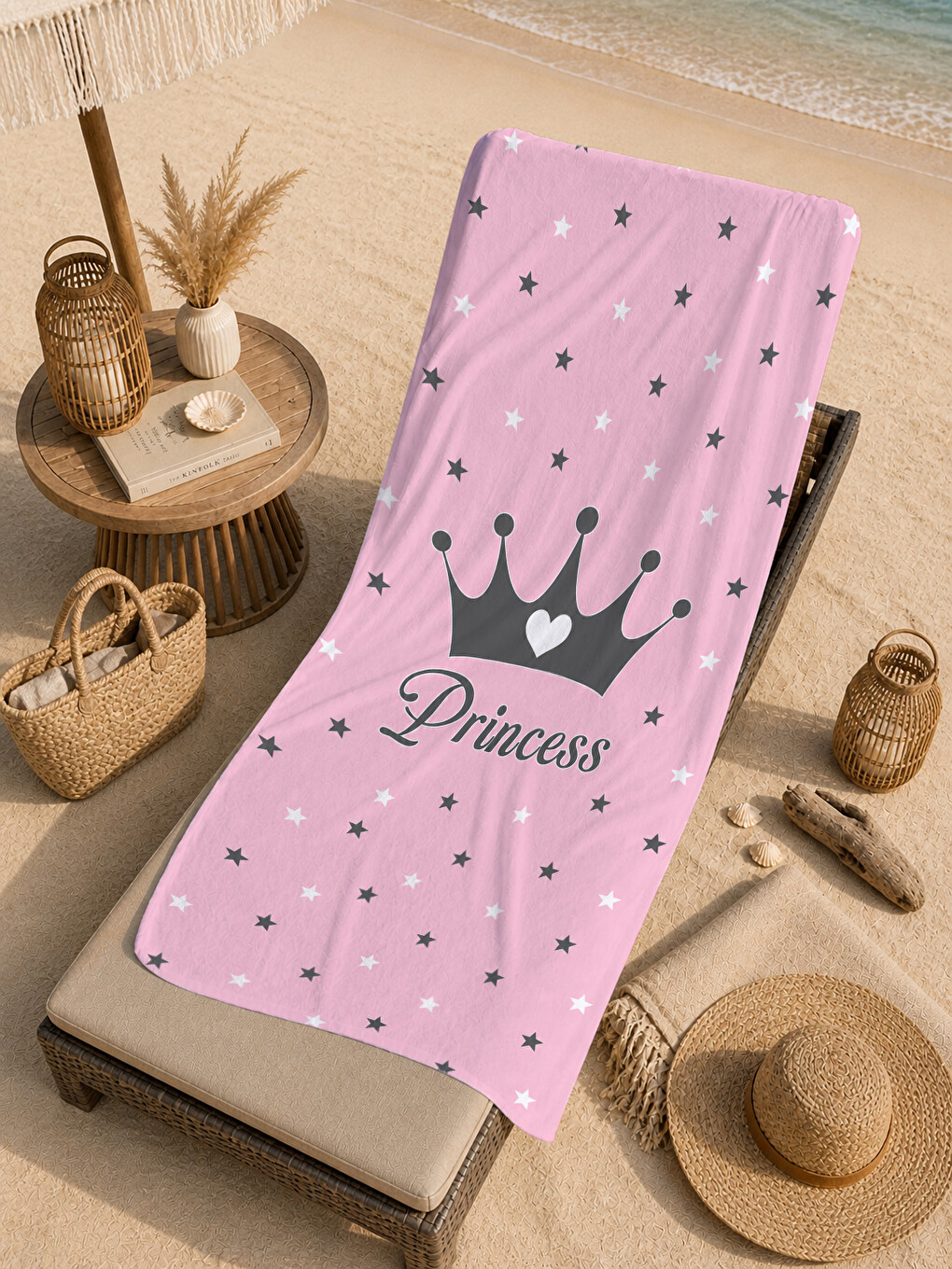 Princess Yazılı Siyah Taçlı Pembe Yıldızlı Desenli 70x150 Plaj Havlusu - Pamuklu Banyo Havlusu