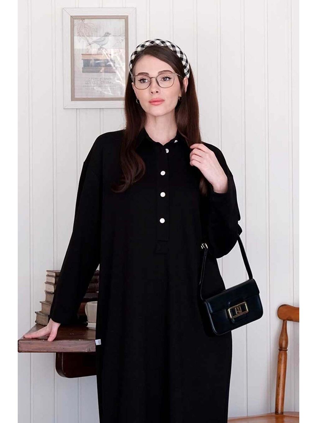 Siyah Düğme Detay Elbise-5