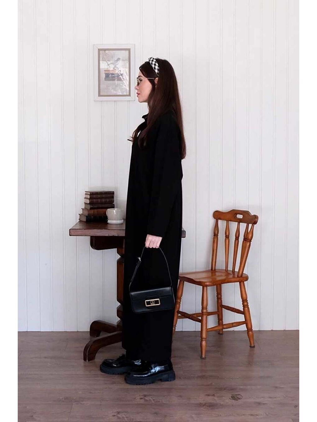 Siyah Düğme Detay Elbise-6