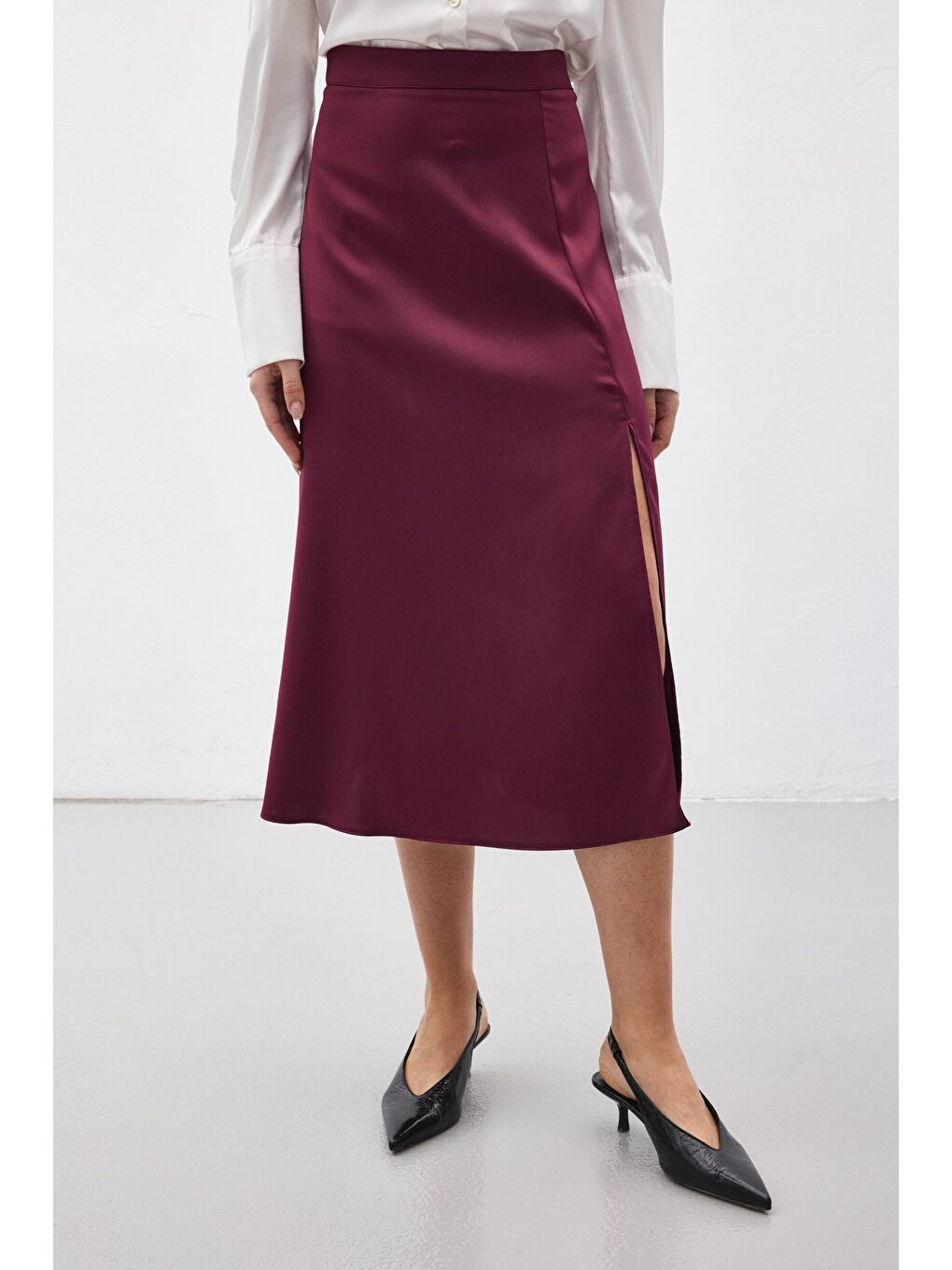 Yırtmaçlı Saten Etek - Mürdüm-5