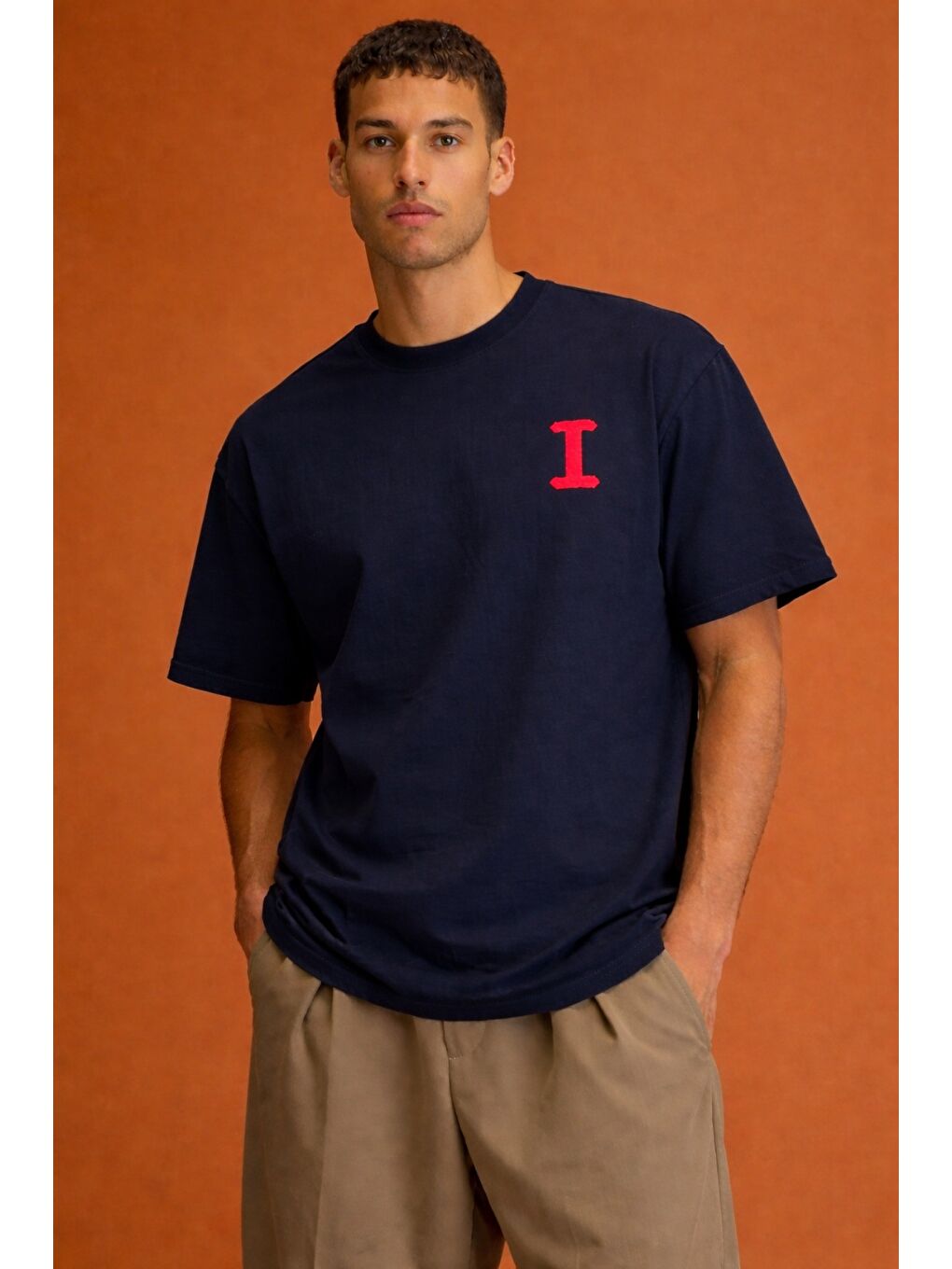 Lacivert Erkek Oversize Tişört "Love Is Everywhere" Baskılı Basic Pamuklu T-Shirt-1