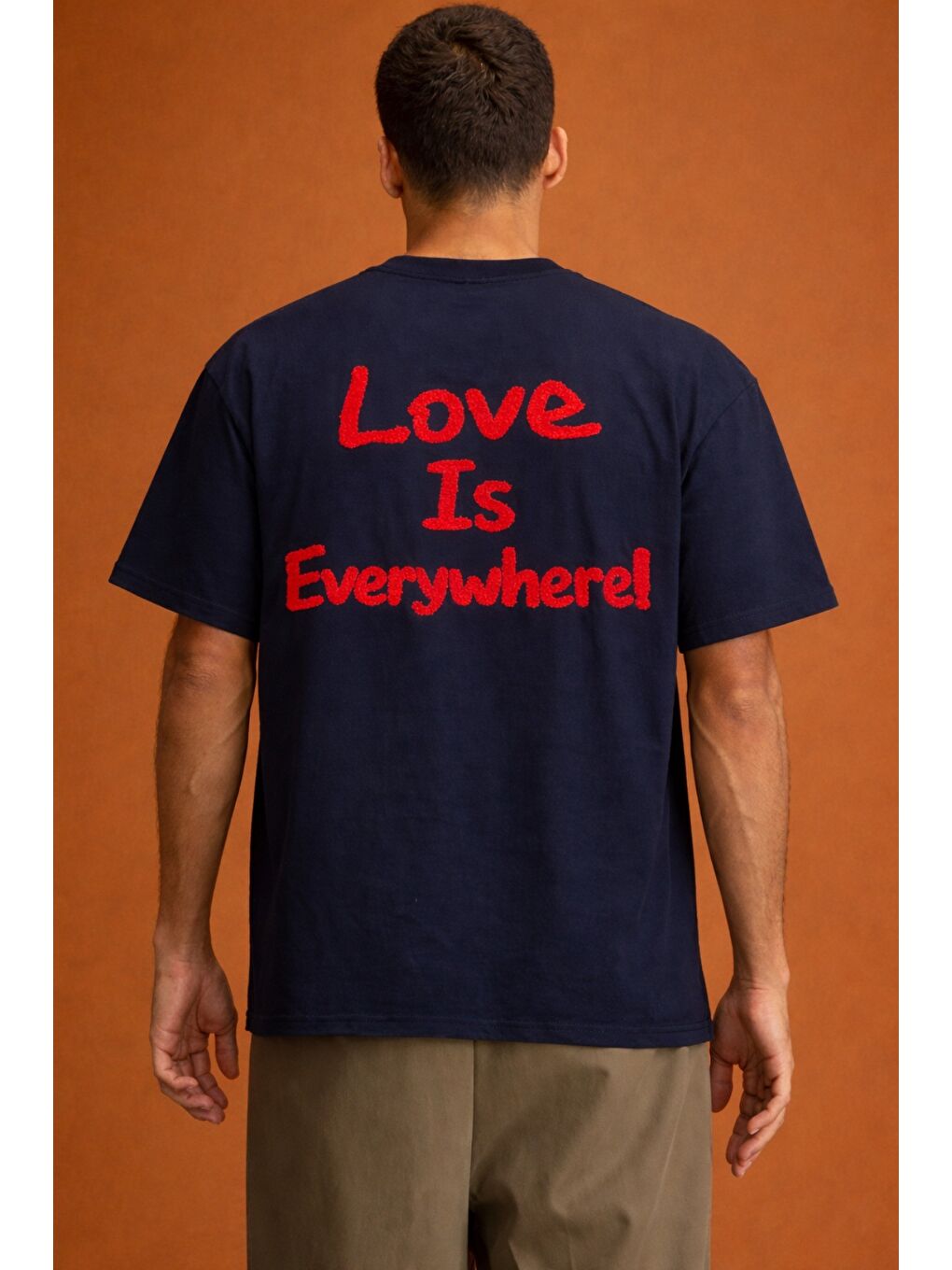 Lacivert Erkek Oversize Tişört "Love Is Everywhere" Baskılı Basic Pamuklu T-Shirt-2