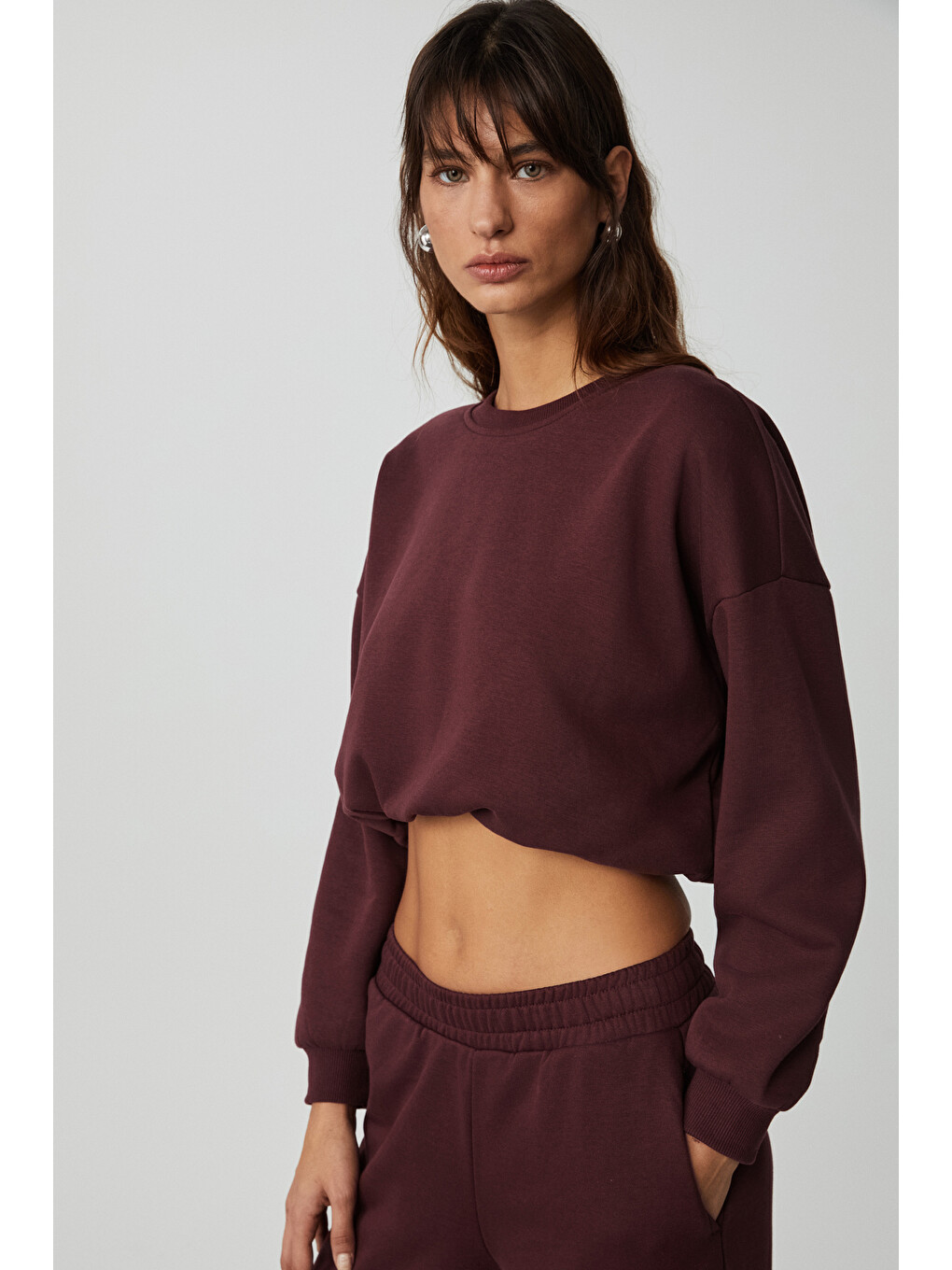Dewanna Kadın Uzun Kollu Crop Bordo Eşofman Takımı-1
