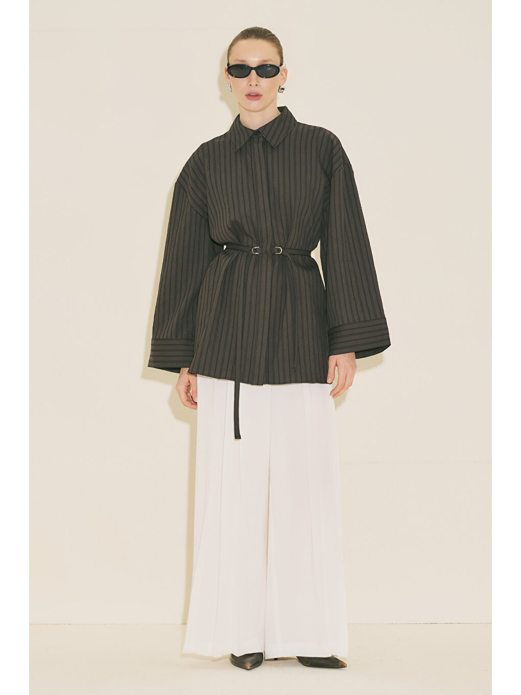 Dokuma Çizgli Gömlek Kahverengi-5