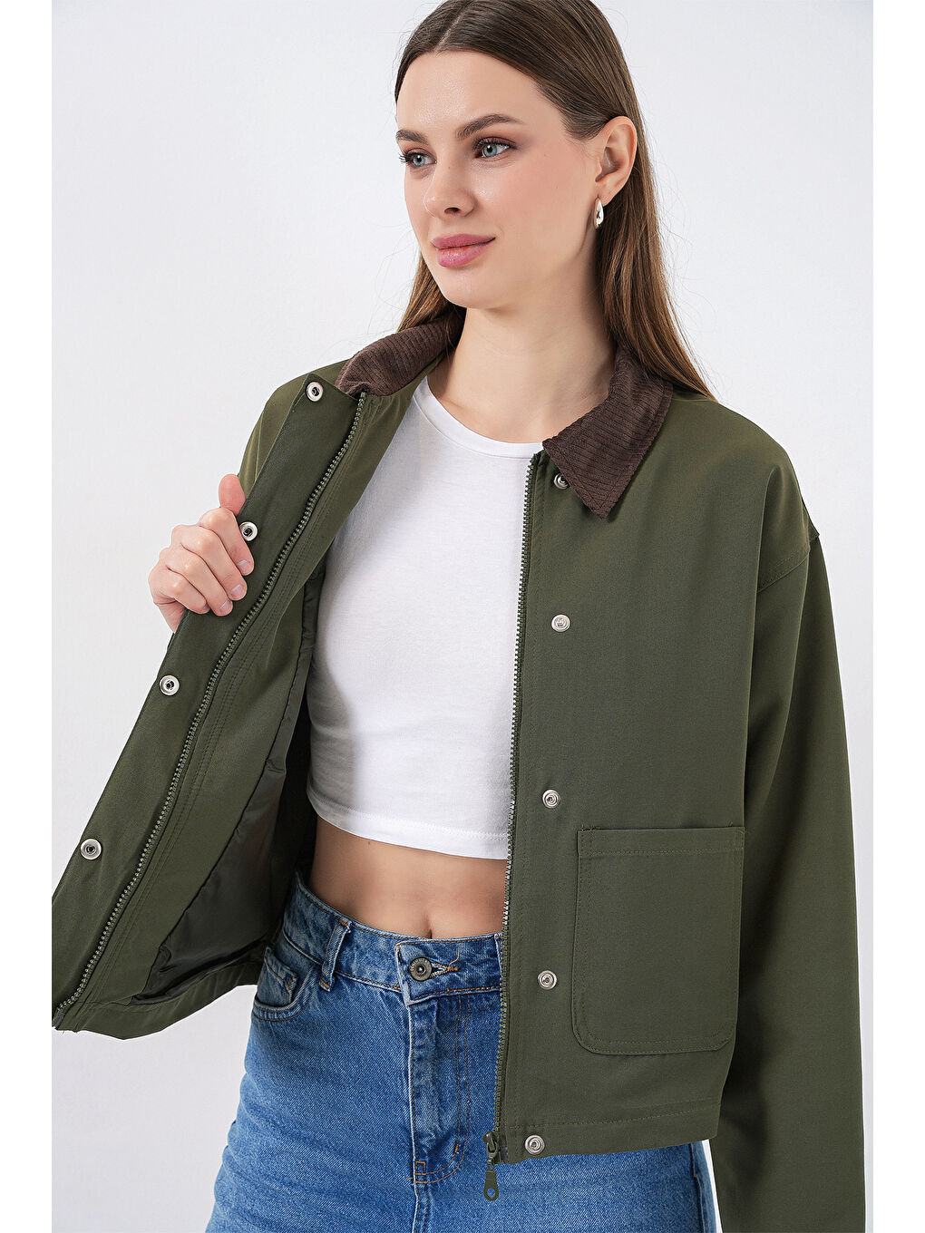 Kadın Cep Detaylı Kısa Ceket 5975 - Haki-5