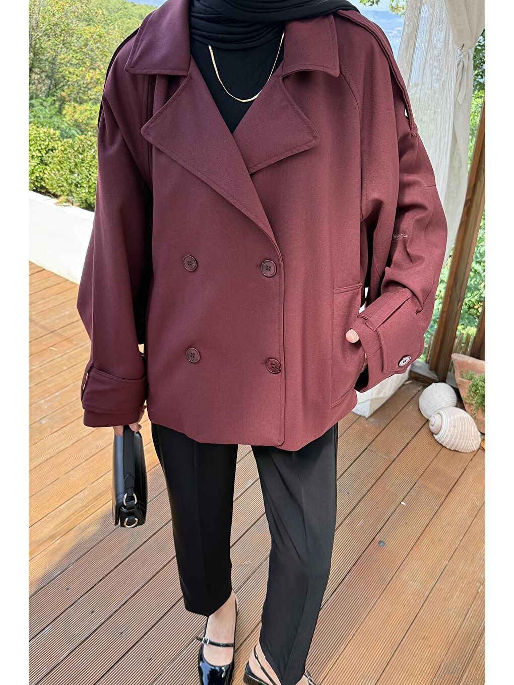 Kruvaze Kısa Tesettür Trençkot Bordo-2