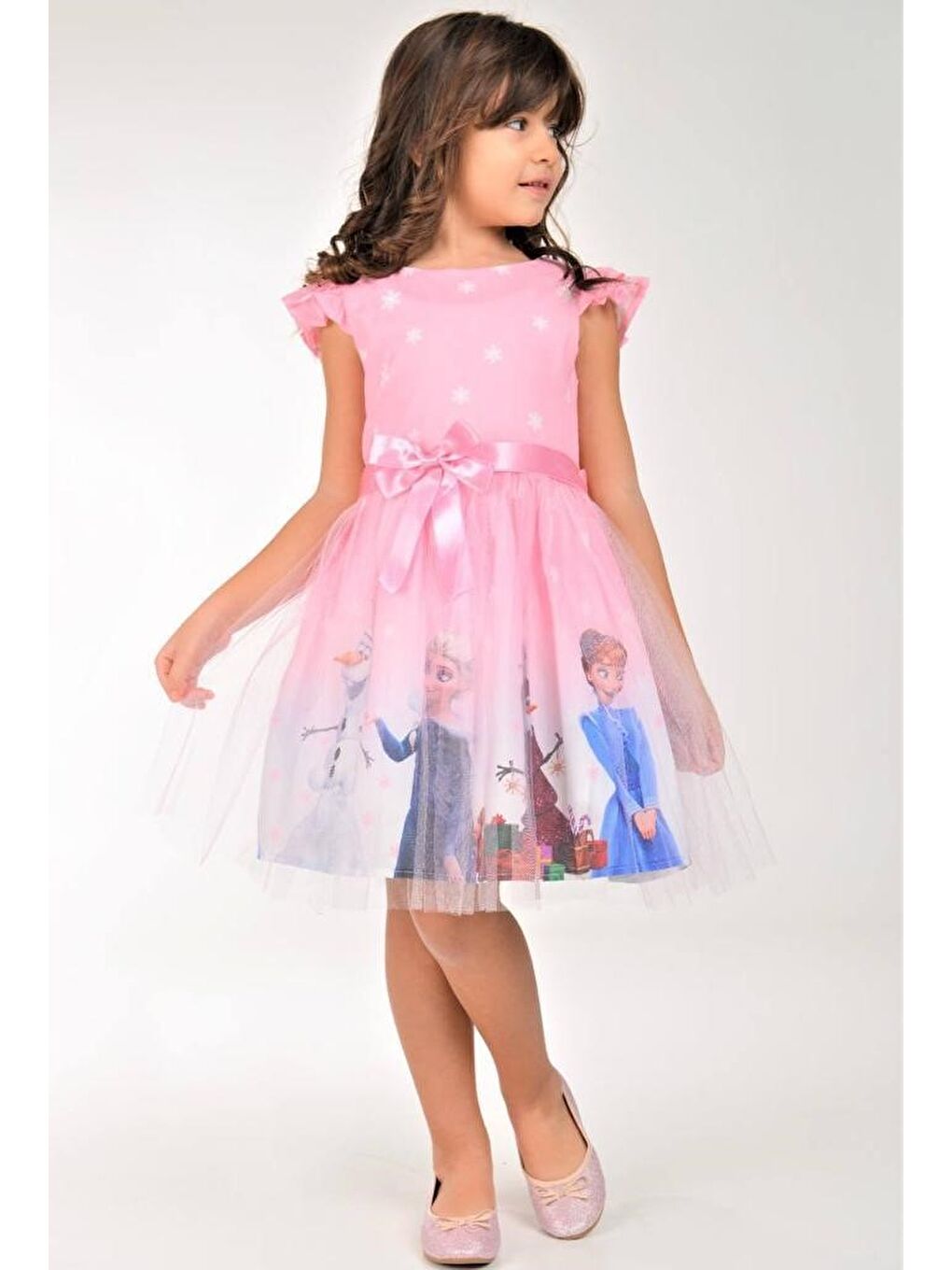 Pembe Tüllü Baskılı Krep Elbise MNK222-0016