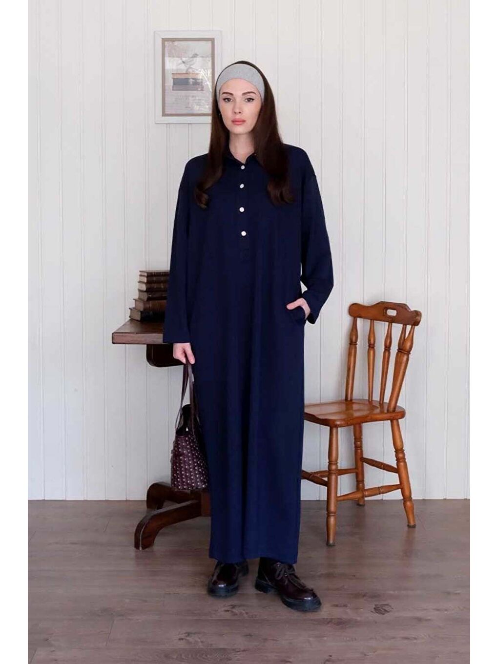 Lacivert Düğme Detay Elbise