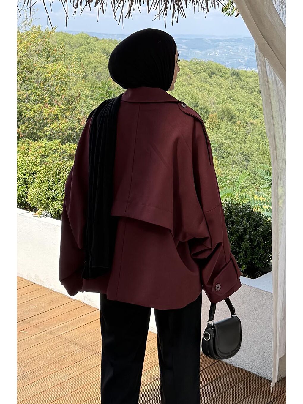 Kruvaze Kısa Tesettür Trençkot Bordo-3