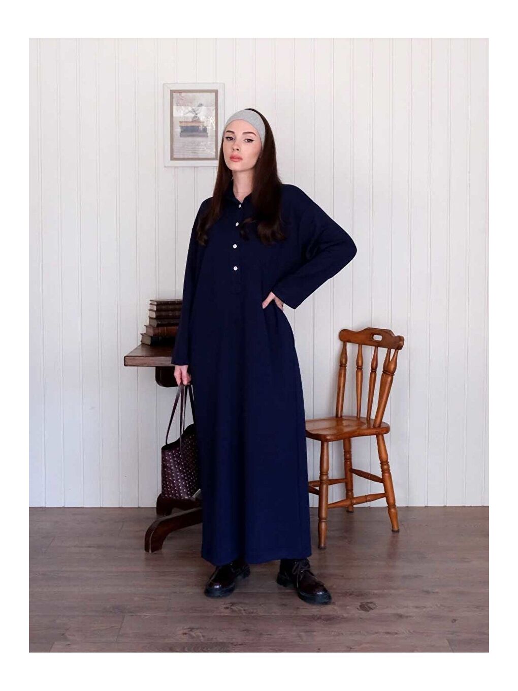 Lacivert Düğme Detay Elbise-2