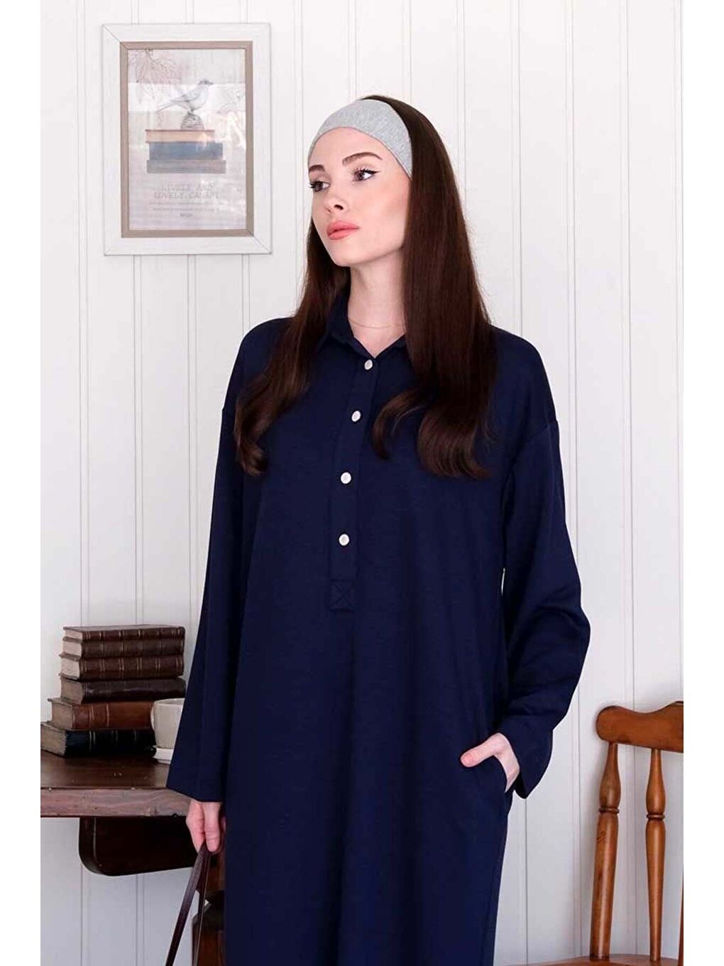Lacivert Düğme Detay Elbise-3